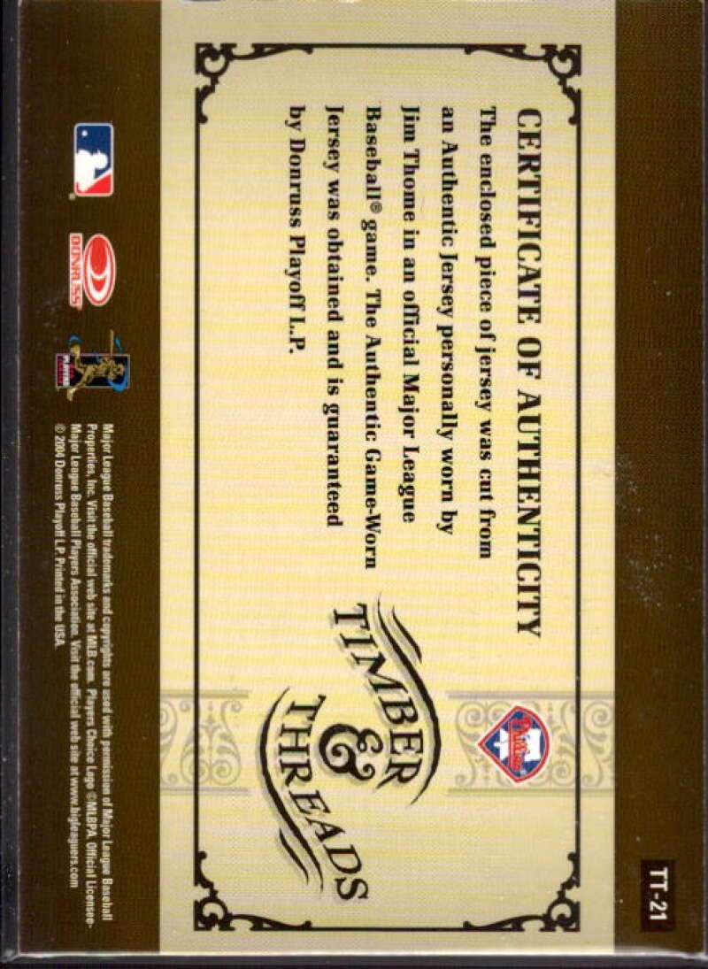Jim Thome Card 2005 Donruss Timber and Threads Jersey #21  Image 2