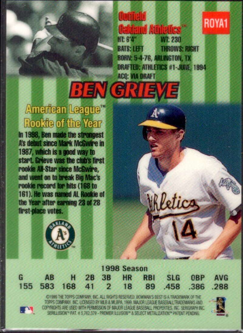 Ben Grieve AU Card 1999 Bowman's Best Rookie of the Year #ROY1A  Image 2