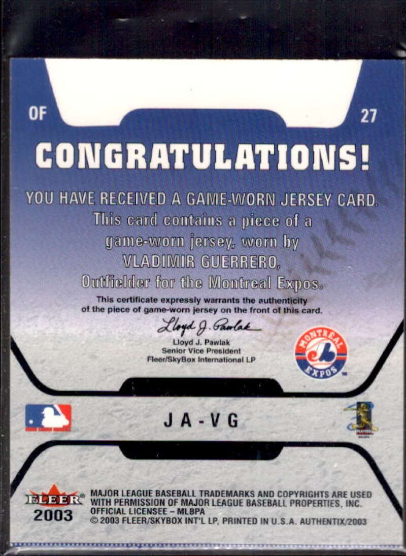 Vladimir Guerrero Card 2003 Fleer Authentix Game Jersey #VG  Image 2