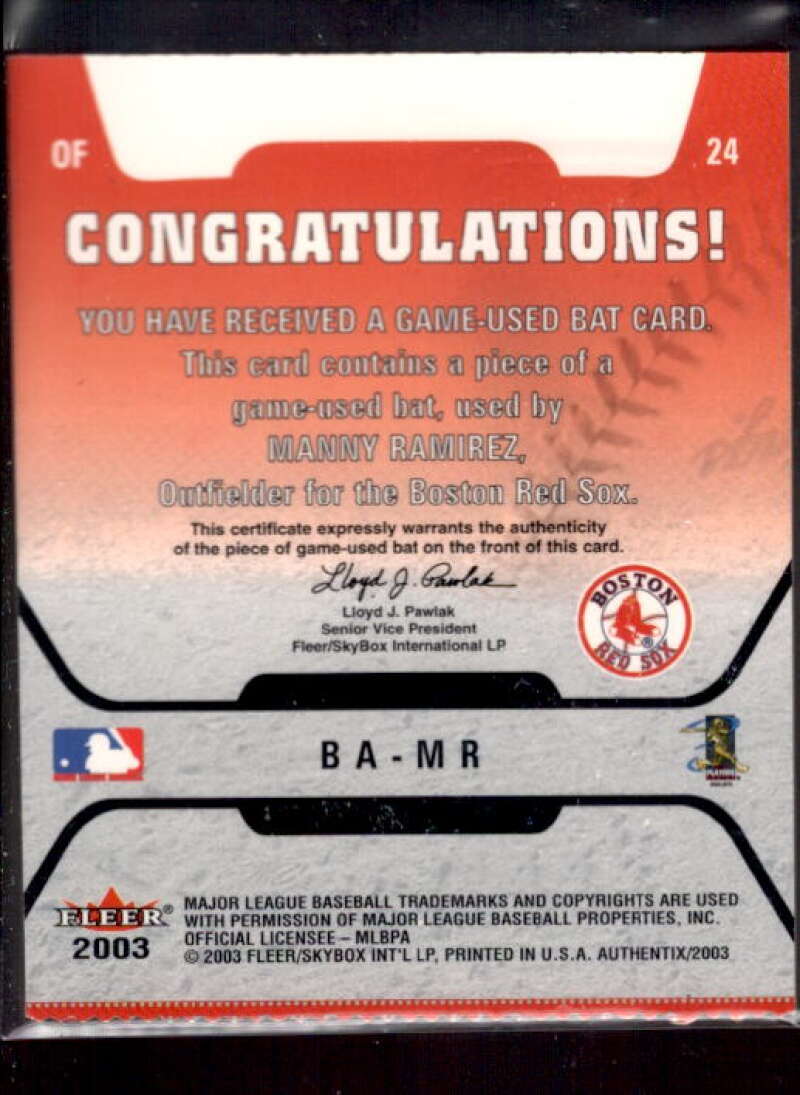 Manny Ramirez Card 2003 Fleer Authentix Game Bat #MR  Image 2
