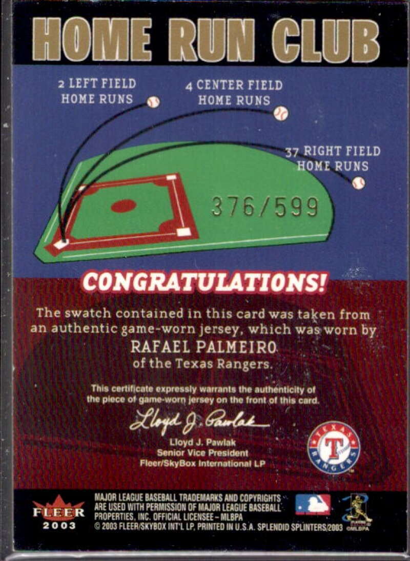 Rafael Palmeiro Card 2003 Fleer Splendid Splinters Home Run Club Memorabilia #  Image 2