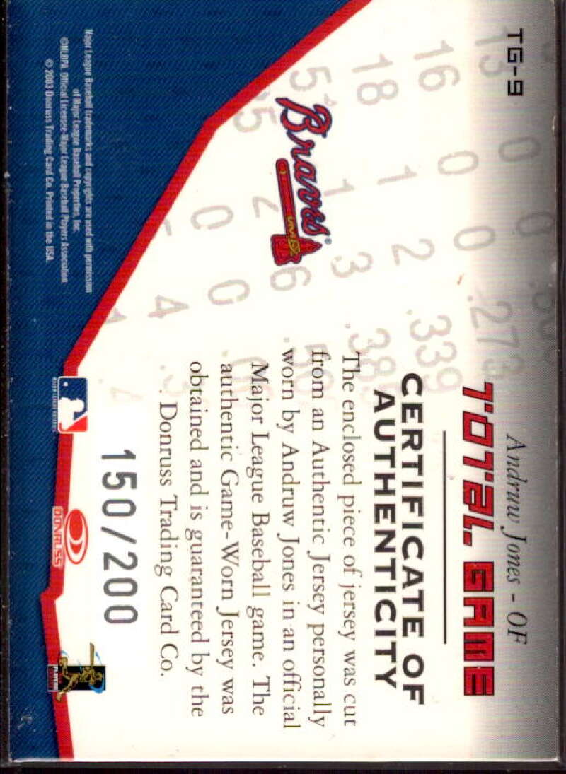 Andruw Jones Jsy Card 2003 Donruss Champions Total Game Materials #9  Image 2