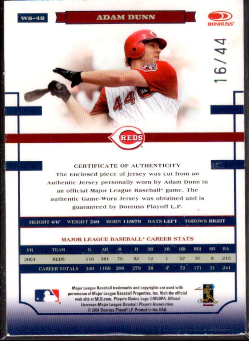 Adam Dunn Jsy Card 2004 Donruss World Series Material Fabric Number #49  Image 2