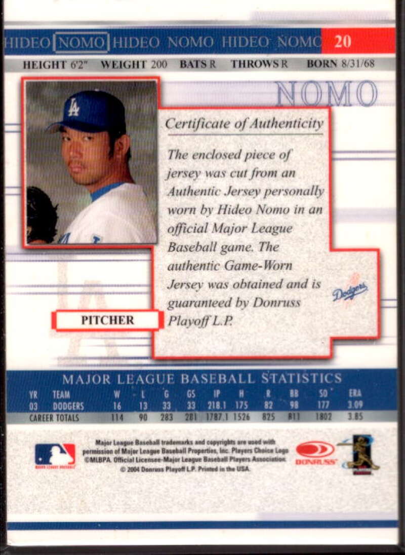 Hideo Nomo Jsy Card 2004 Donruss Timelines Material #20  Image 2