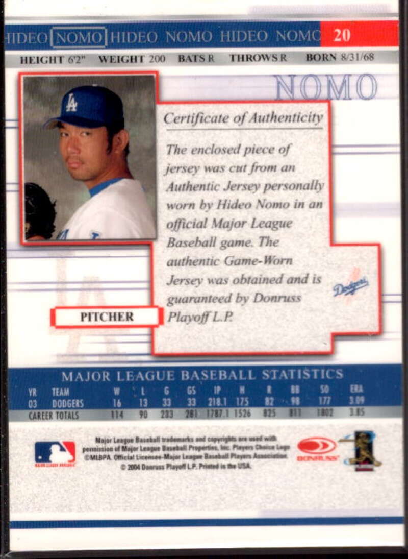 Hideo Nomo Jsy Card 2004 Donruss Timelines Material #20  Image 2