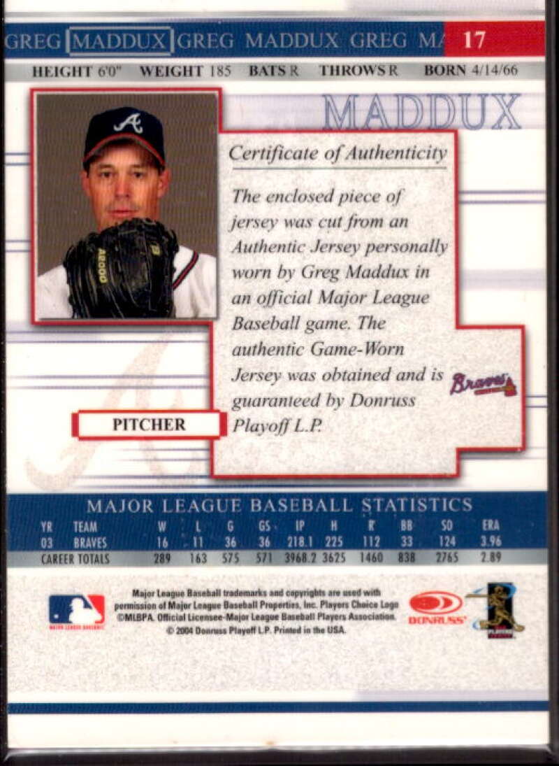 Greg Maddux Jsy Card 2004 Donruss Timelines Material #17  Image 2