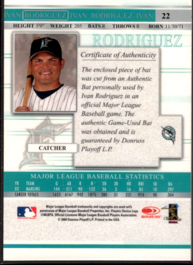 Ivan Rodriguez Bat Card 2004 Donruss Timelines Material #22  Image 2