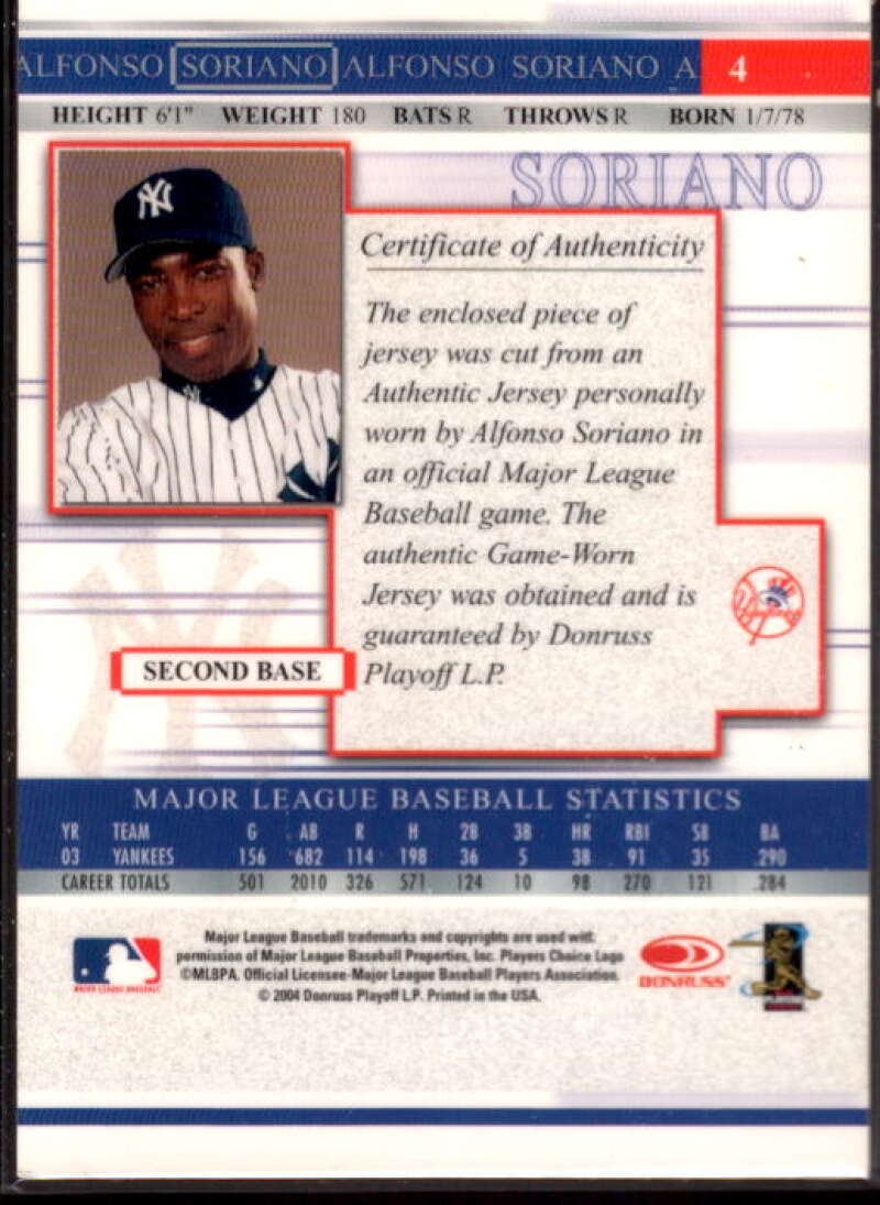 Alfonso Soriano Jsy Card 2004 Donruss Timelines Material #4  Image 2