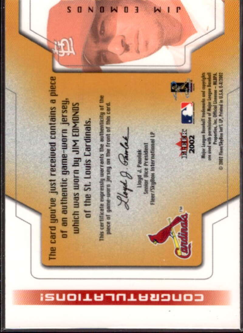 Jim Edmonds Card 2002 E-X Behind the Numbers Game Jersey #5  Image 2