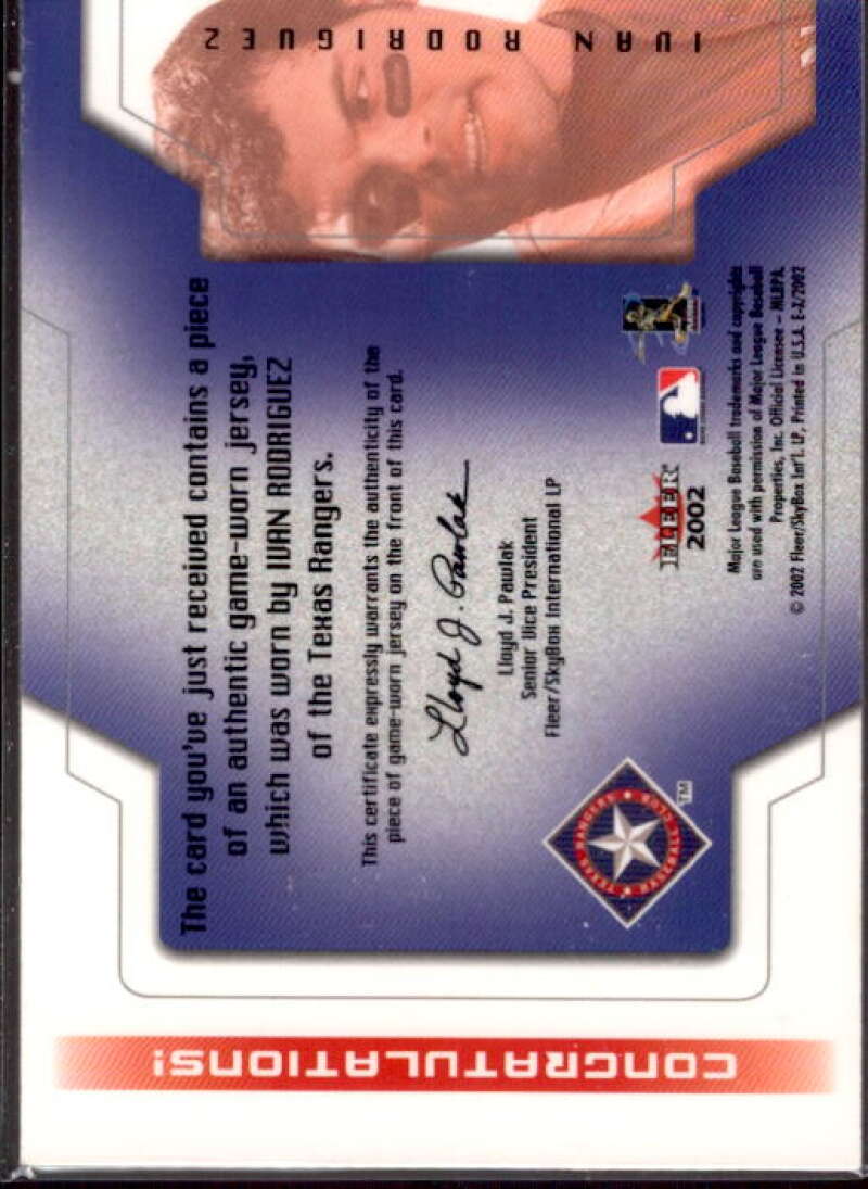 Ivan Rodriguez Card 2002 E-X Behind the Numbers Game Jersey #21  Image 2