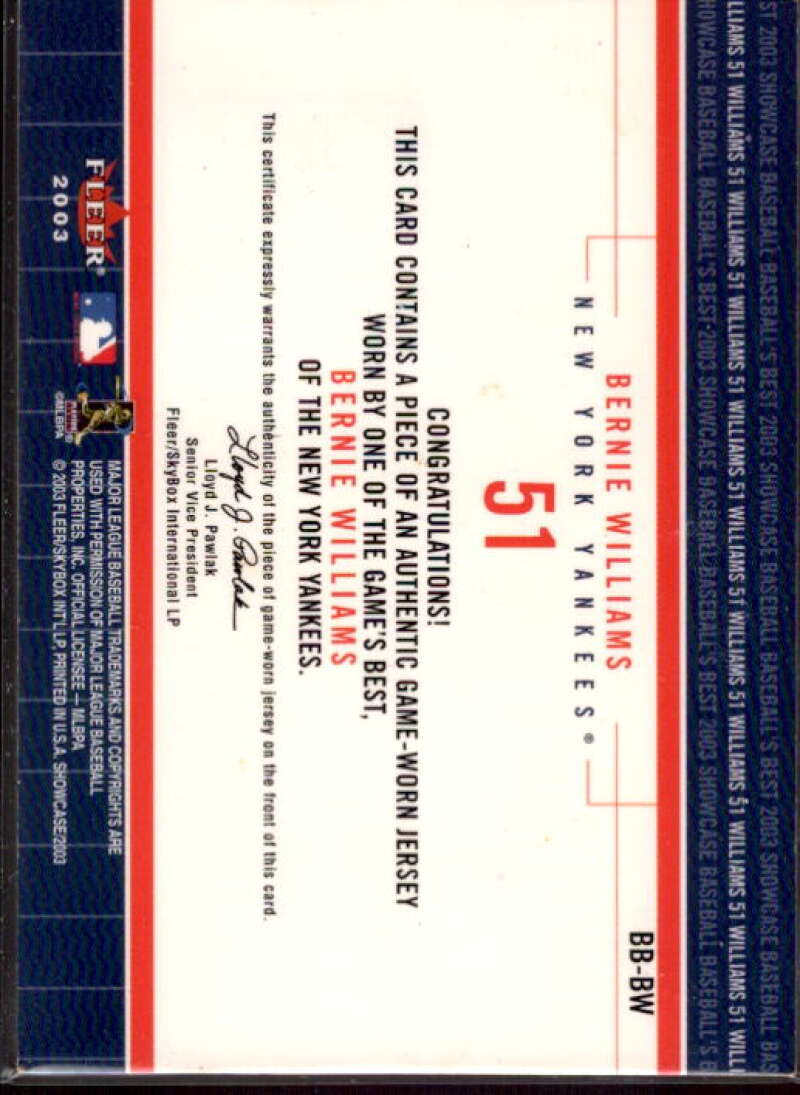 Bernie Williams Card 2003 Fleer Showcase Baseball's Best Game Jersey #BW  Image 2