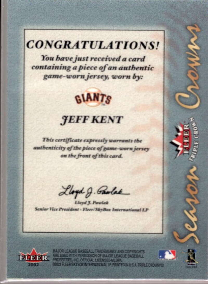 Kent MVP Jsy/Bonds/Jones Card 2002 Fleer Triple Crown Season Crowns Game Used #  Image 2