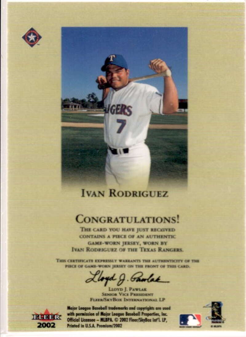 Ivan Rodriguez Jsy Card 2002 Fleer Premium Diamond Stars Game Used #3  Image 2