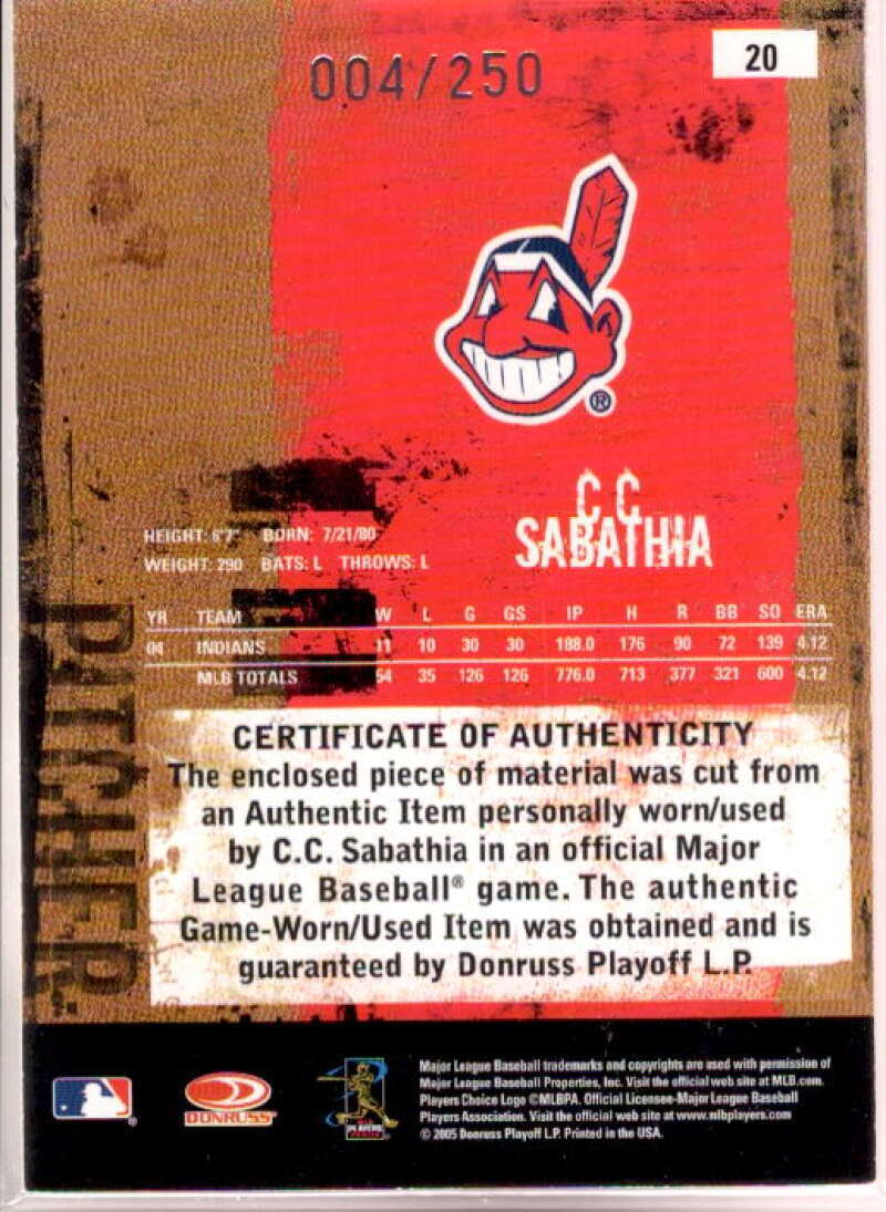 C.C. Sabathia Card 2005 Leather and Lumber Materials Jersey #20  Image 2