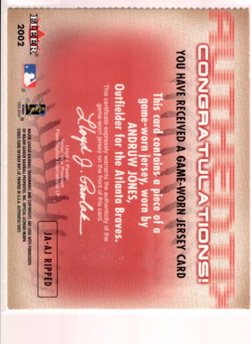 Andruw Jones SP Card 2002 Fleer Authentix Jersey AuthenTIX #JAAJ  Image 2