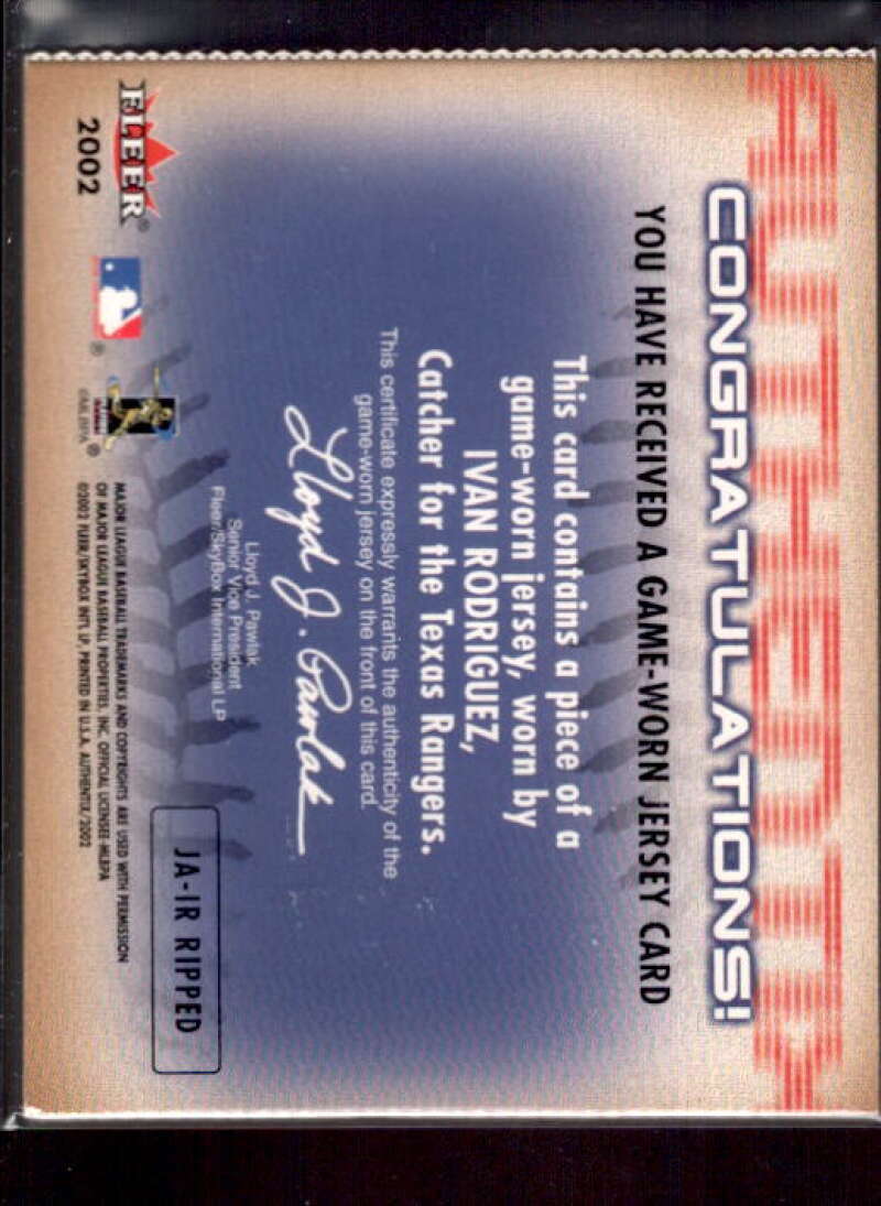 Ivan Rodriguez Card 2002 Fleer Authentix Jersey AuthenTIX #JAIR  Image 2