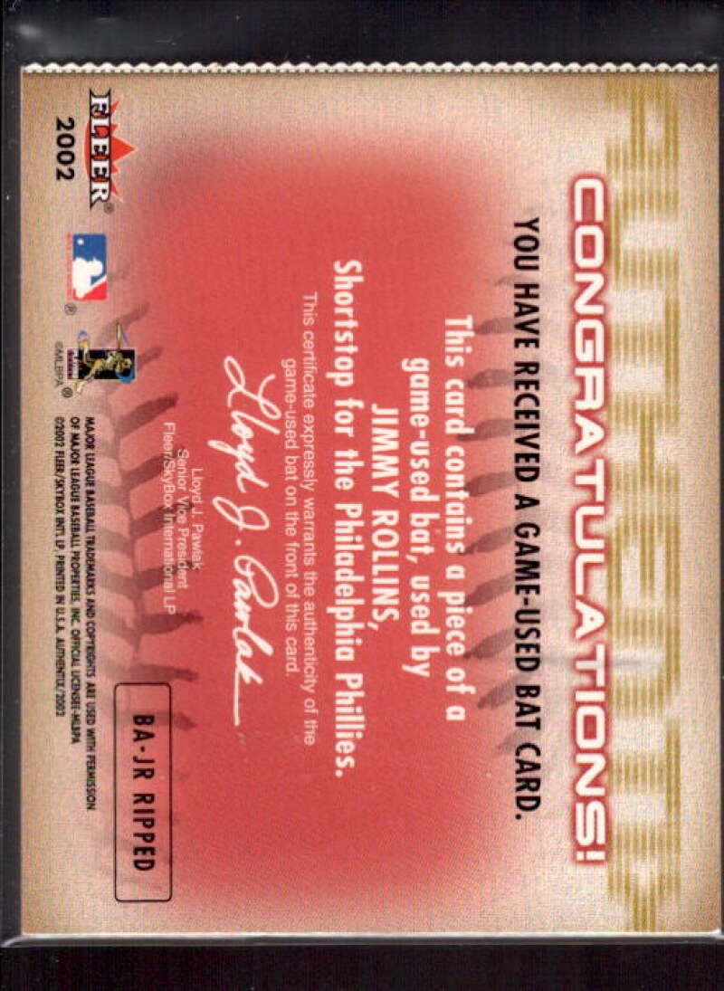 Jimmy Rollins SP Card 2002 Fleer Authentix Bat AuthenTIX #BAJR  Image 2