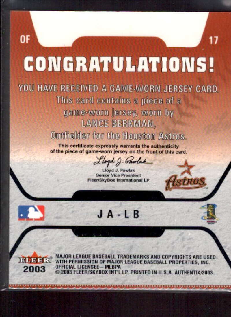 Lance Berkman Card 2003 Fleer Authentix Game Jersey #LB  Image 2