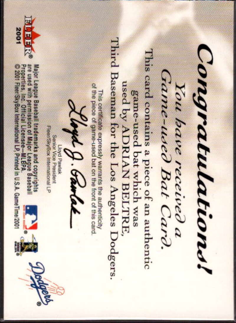 Adrian Beltre Card 2001 Fleer Game Time Lumber #3  Image 2