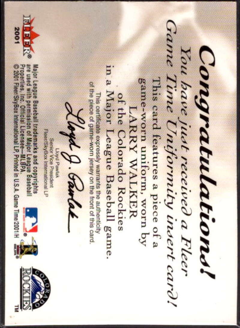 Larry Walker Card 2001 Fleer Game Time Uniformity #21  Image 2