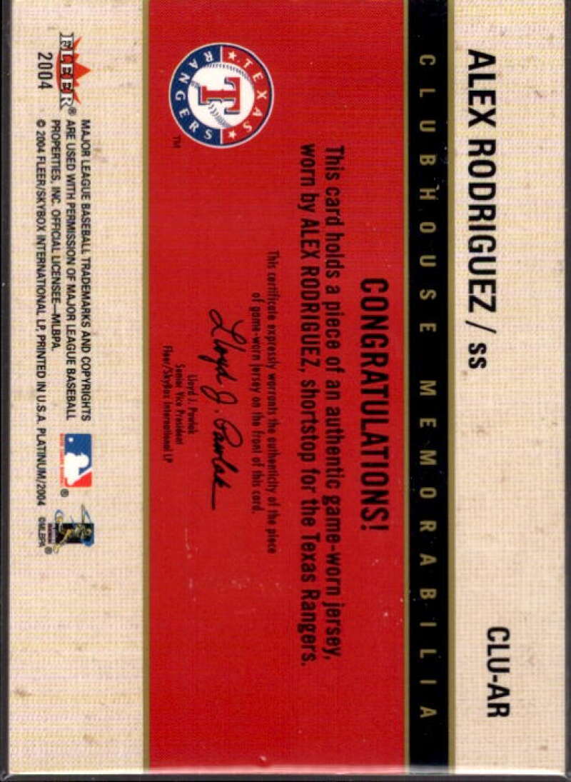 Alex Rodriguez Card 2004 Fleer Platinum Clubhouse Memorabilia #AR  Image 2