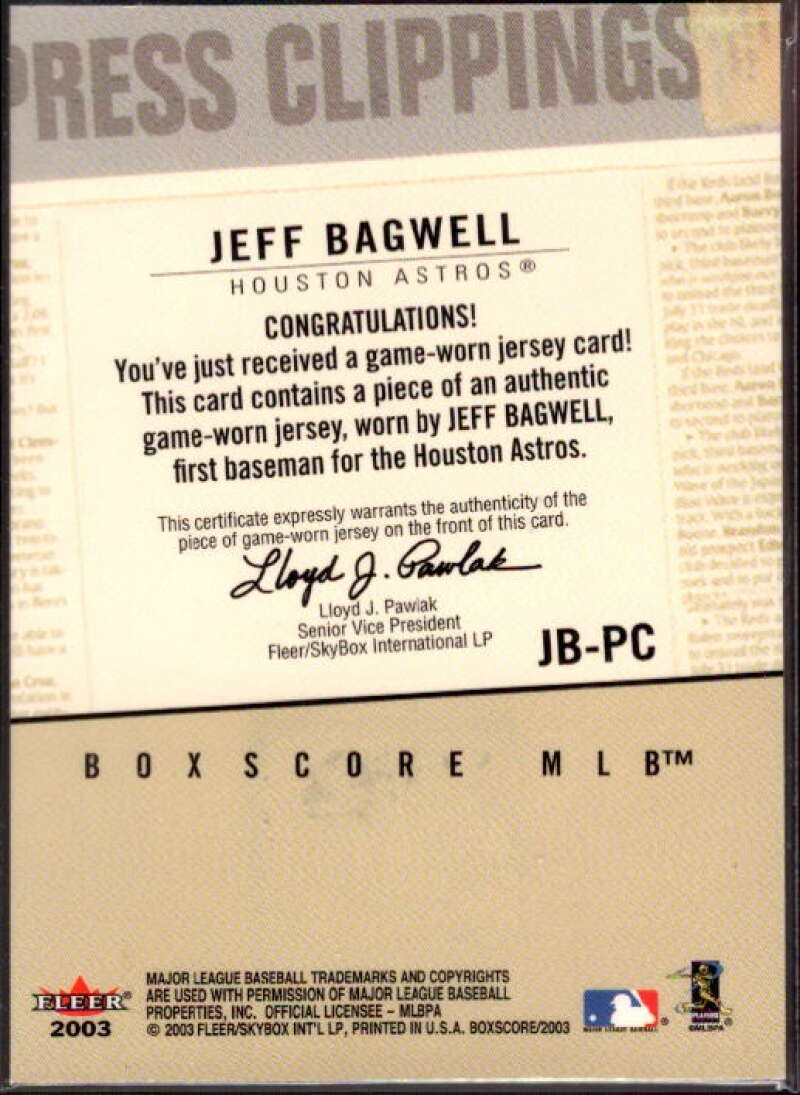Jeff Bagwell Card 2003 Fleer Box Score Press Clippings Game Jersey #JB  Image 2
