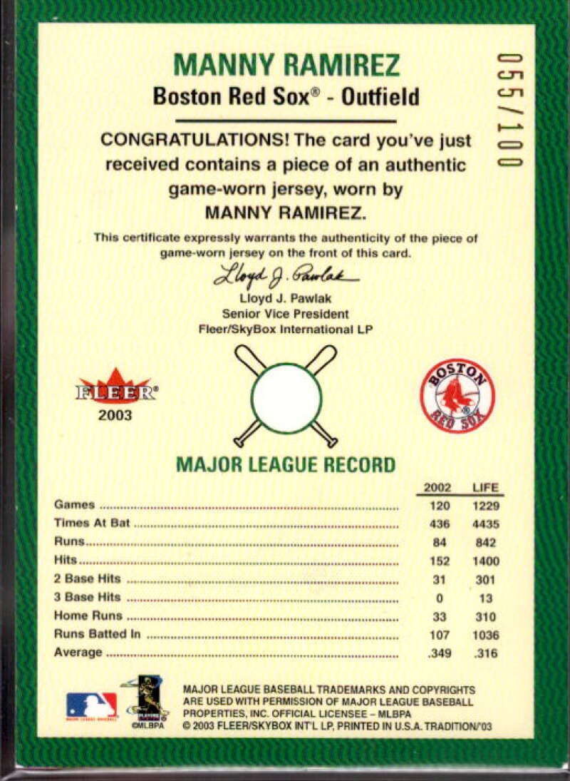 Manny Ramirez Jsy Card 2003 Fleer Tradition Game Used Gold #343  Image 2