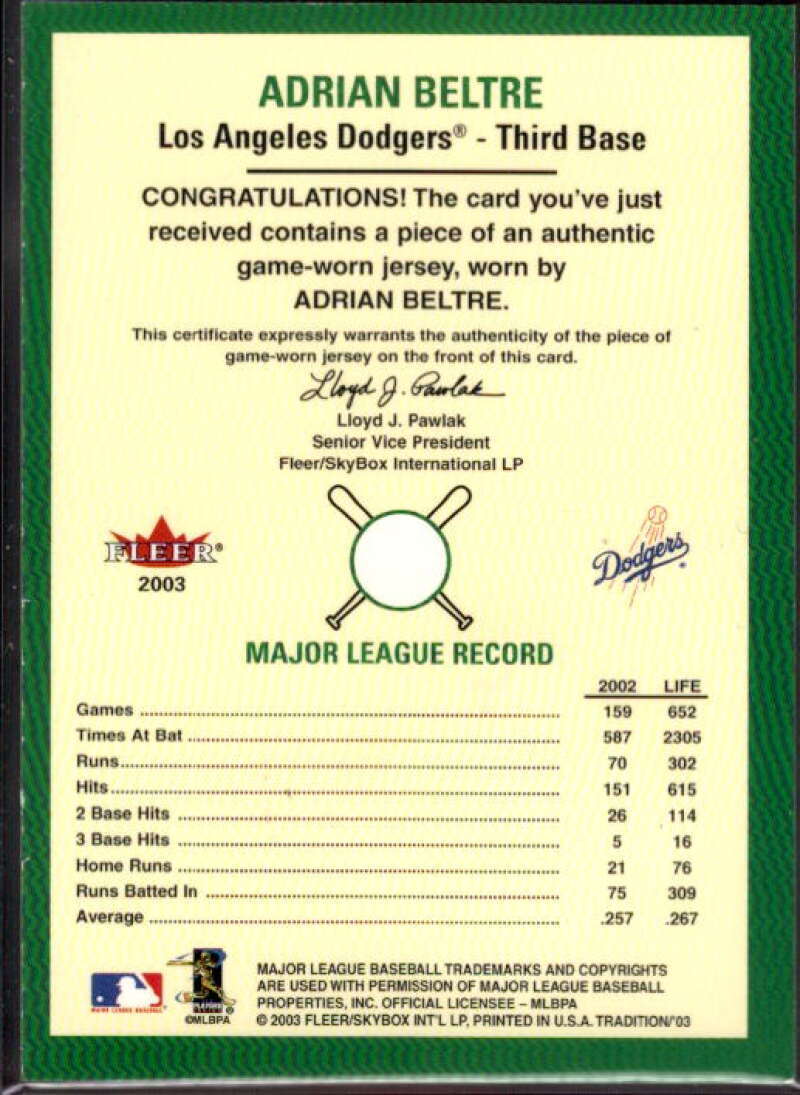 Adrian Beltre Jsy Card 2003 Fleer Tradition Game Used #2  Image 2