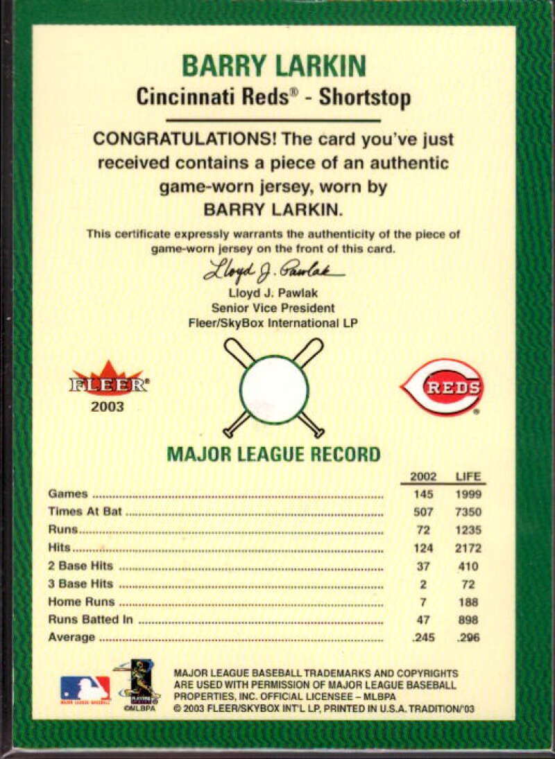 Barry Larkin Jsy SP Card 2003 Fleer Tradition Game Used #11  Image 2