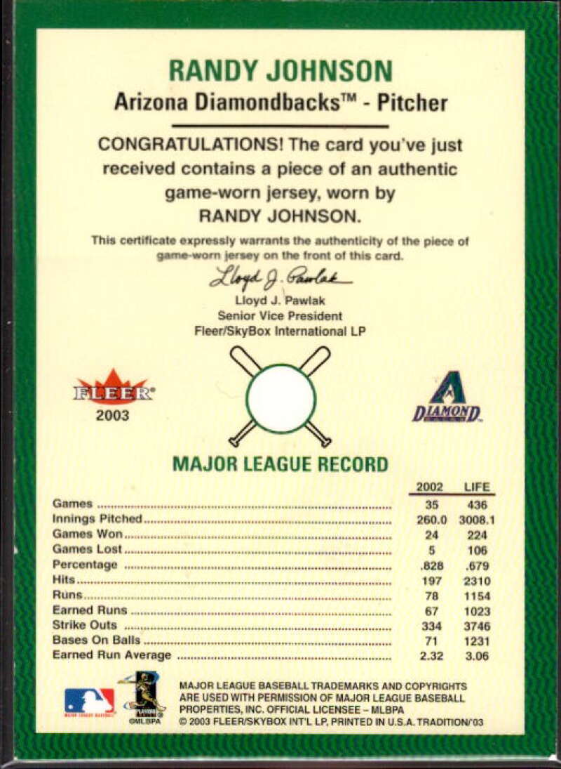 Randy Johnson Jsy SP Card 2003 Fleer Tradition Game Used #392  Image 2