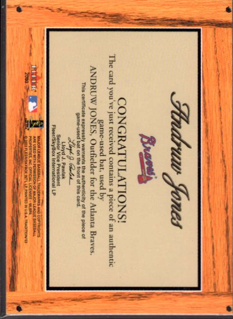 Andruw Jones Card 2003 Fleer Tradition Lumber Company Game Used #AJ  Image 2