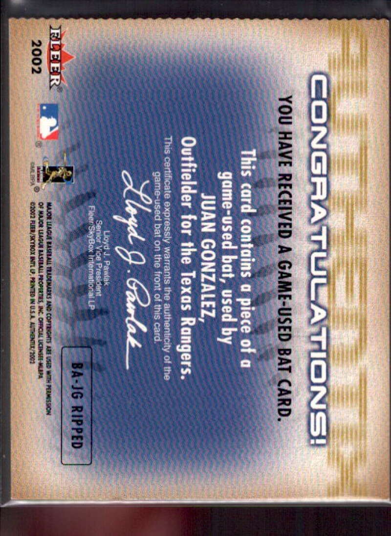 Juan Gonzalez SP Card 2002 Fleer Authentix Bat AuthenTIX #BAJG  Image 2