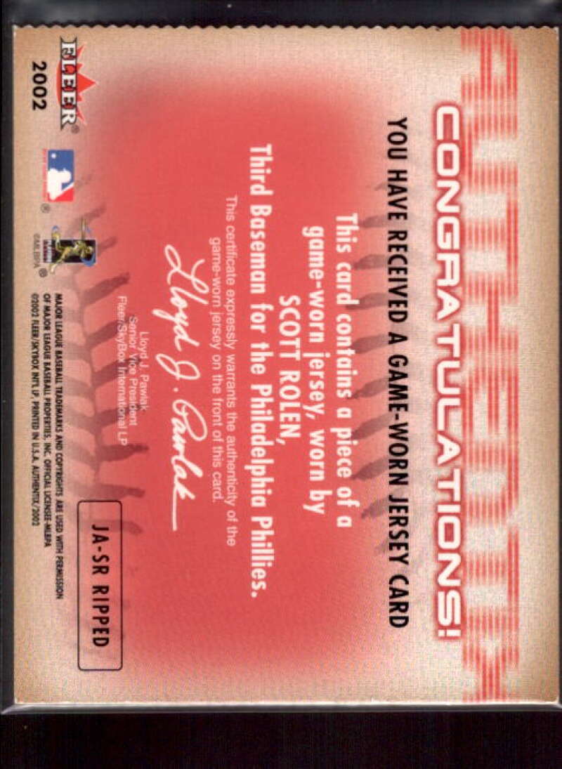Scott Rolen SP Card 2002 Fleer Authentix Jersey AuthenTIX #JASR  Image 2