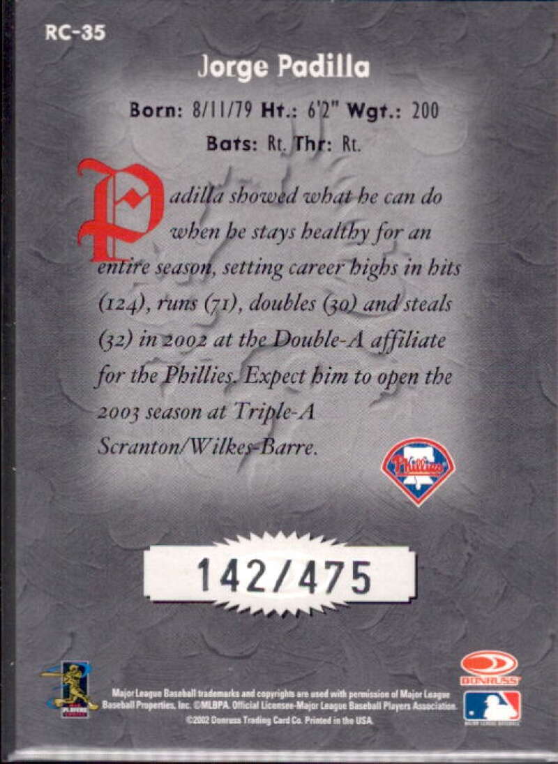 Jorge Padilla Card 2002 Donruss Rookies Crusade Autographs #35  Image 2