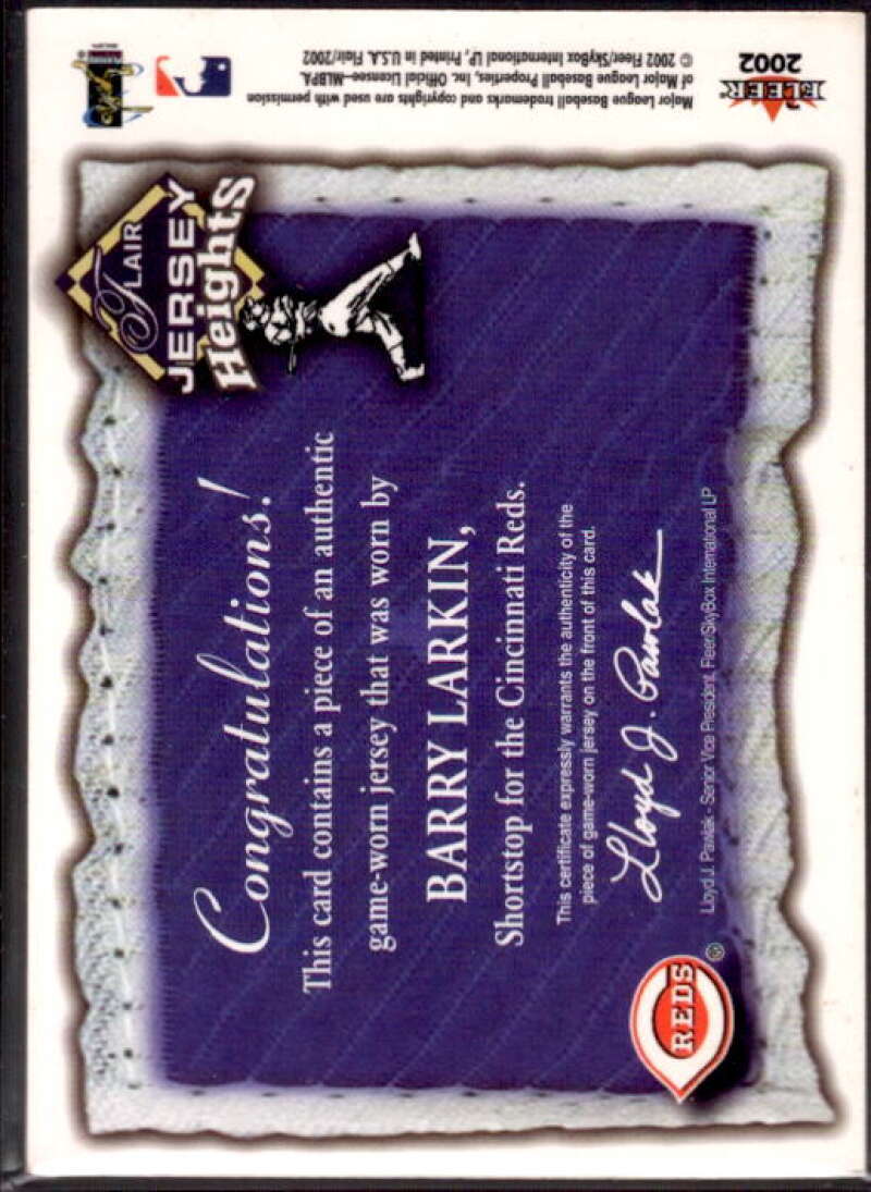 Barry Larkin Card 2002 Flair Jersey Heights #16  Image 2