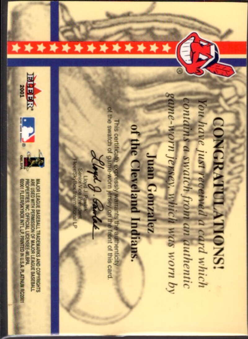 Juan Gonzalez SP Card 2001 Fleer Platinum National Patch Time #19  Image 2