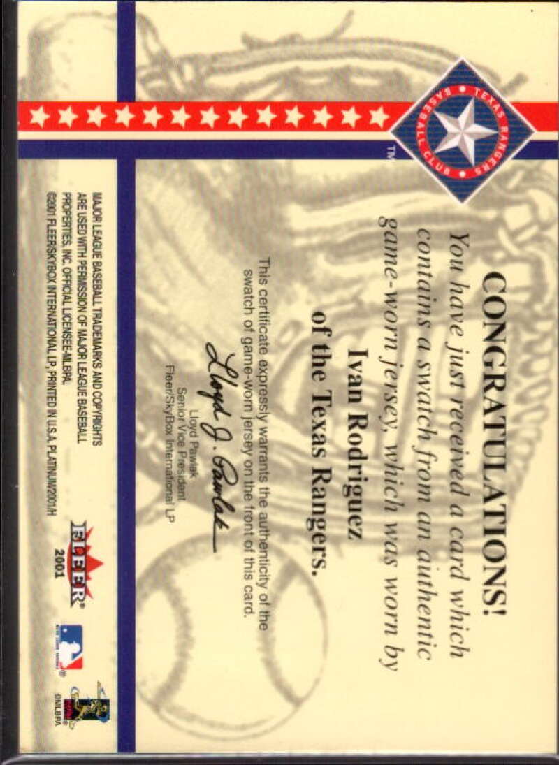 Ivan Rodriguez Blue-White Card 2001 Fleer Platinum National Patch Time #49  Image 2