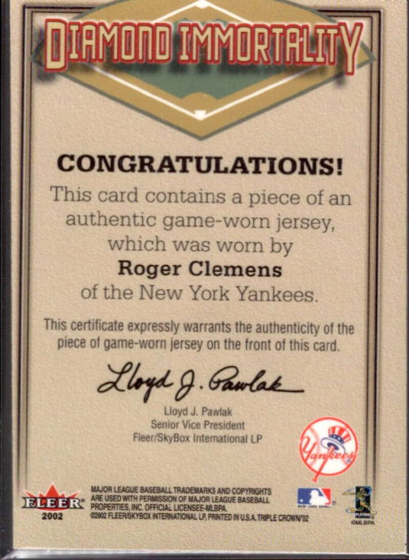 Roger Clemens Jsy Card 2002 Fleer Triple Crown Diamond Immortality Game Used #2  Image 2