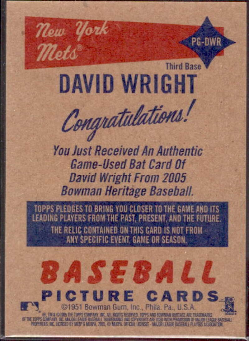 David Wright Bat Card 2005 Bowman Heritage Pieces of Greatness Relics #DWR  Image 2
