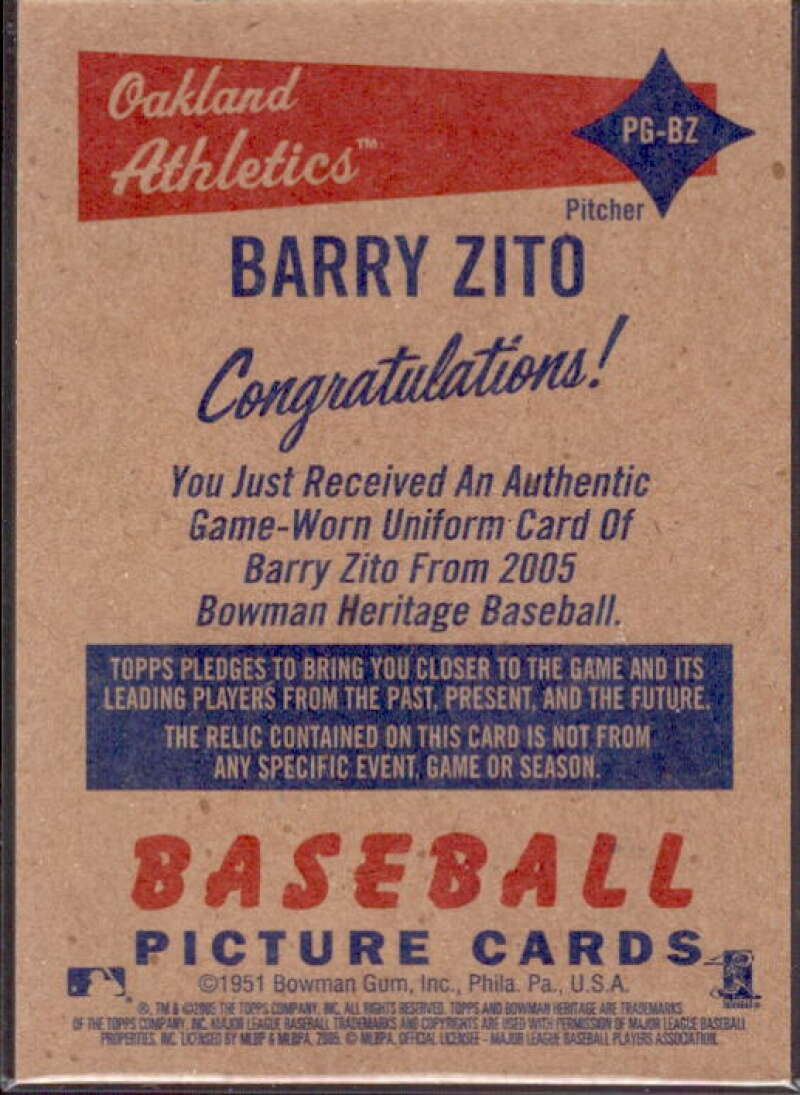 Barry Zito Uni Card 2005 Bowman Heritage Pieces of Greatness Relics #BZ  Image 2