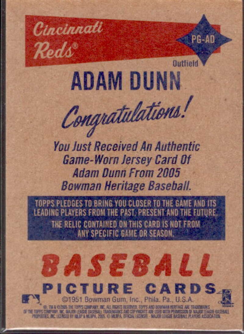 Adam Dunn Bat Card 2005 Bowman Heritage Pieces of Greatness Relics #AD  Image 2