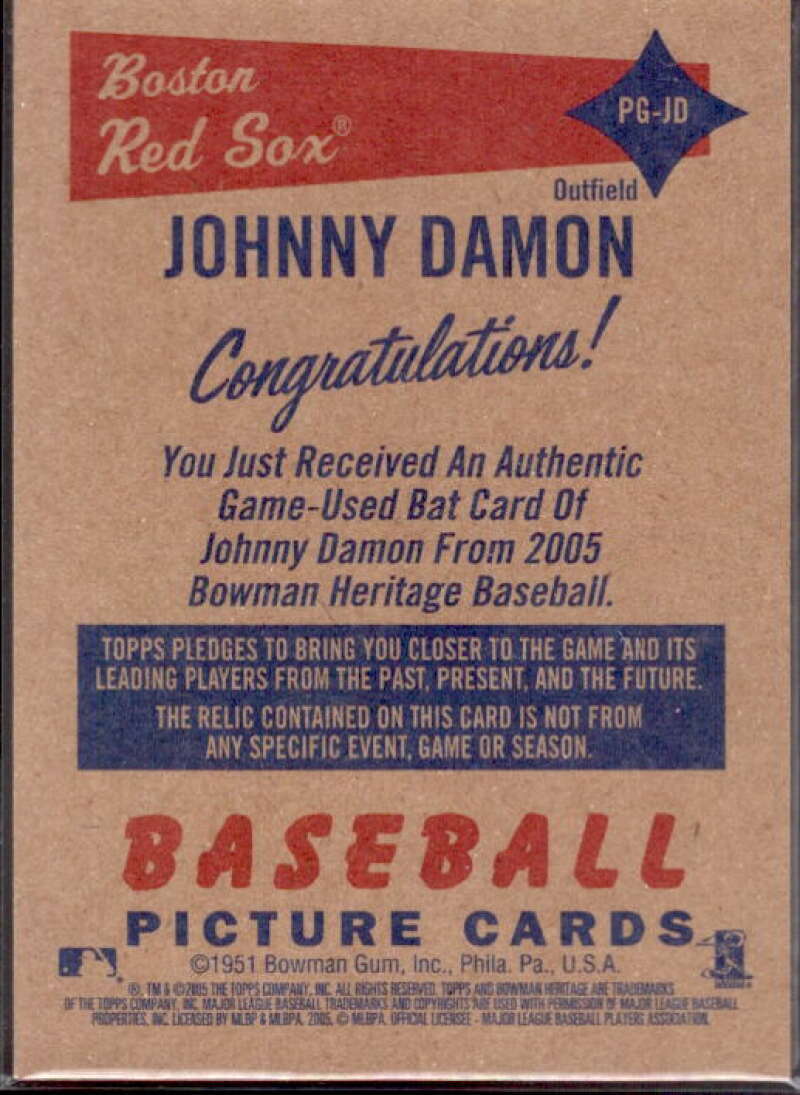 Johnny Damon Bat Card 2005 Bowman Heritage Pieces of Greatness Relics #JD  Image 2