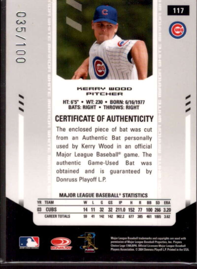 Kerry Wood Card 2004 Leaf Certified Materials Mirror Bat White #117  Image 2