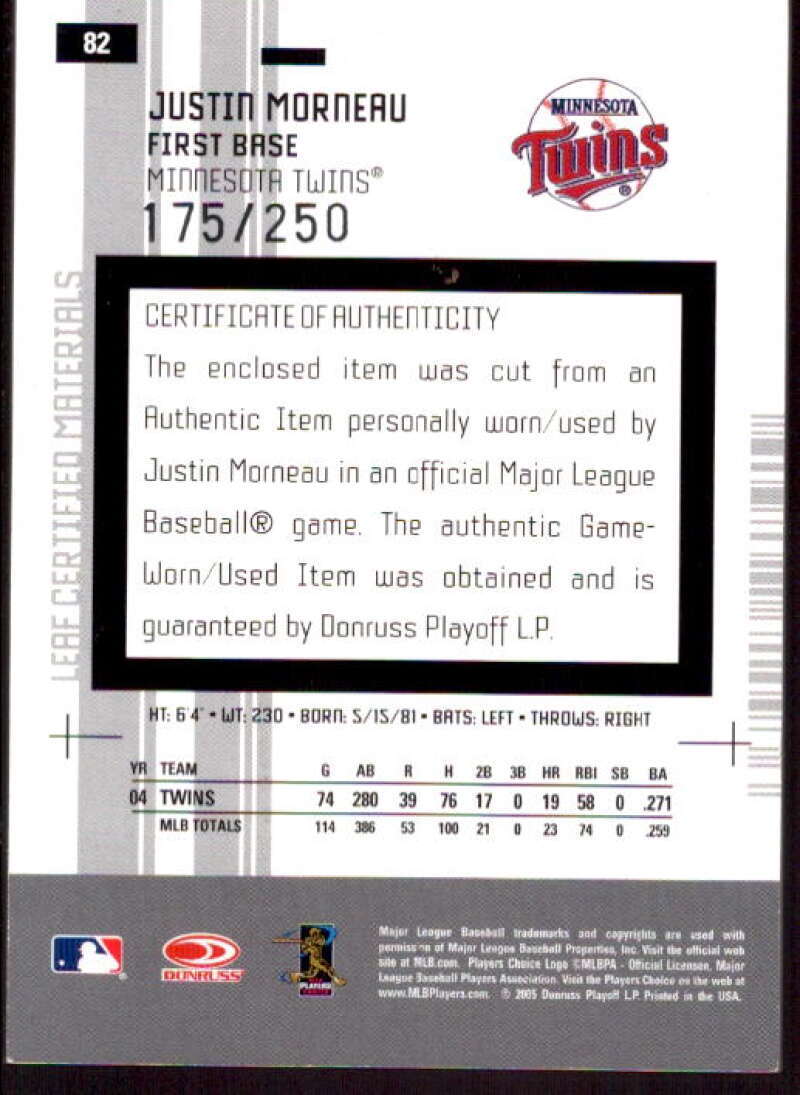 Justin Morneau Jsy Card 2005 Leaf Certified Materials Mirror Fabric Red #82  Image 2