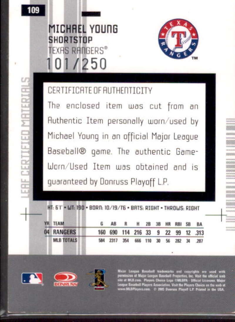Michael Young Card 2005 Leaf Certified Materials Mirror Bat Red #109  Image 2