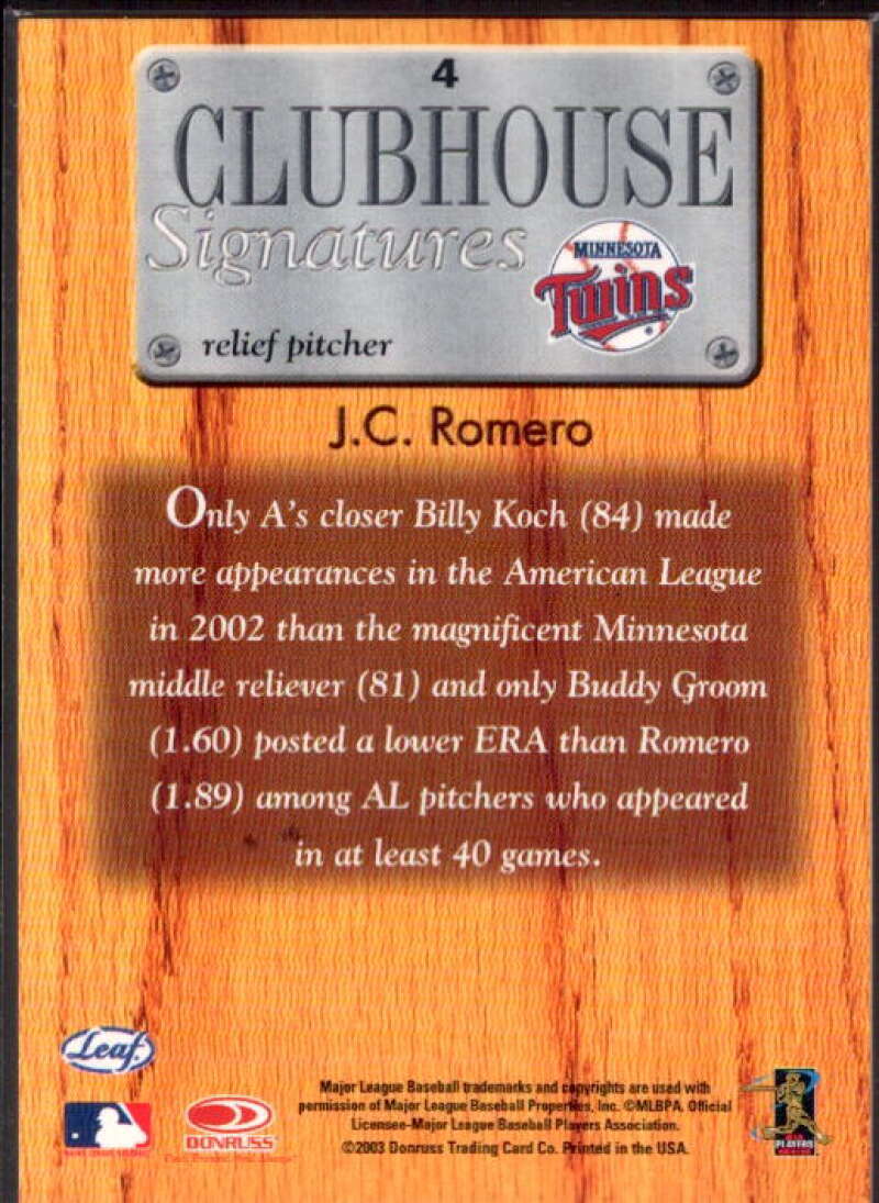J.C. Romero Card 2003 Leaf Clubhouse Signatures Bronze #4  Image 2