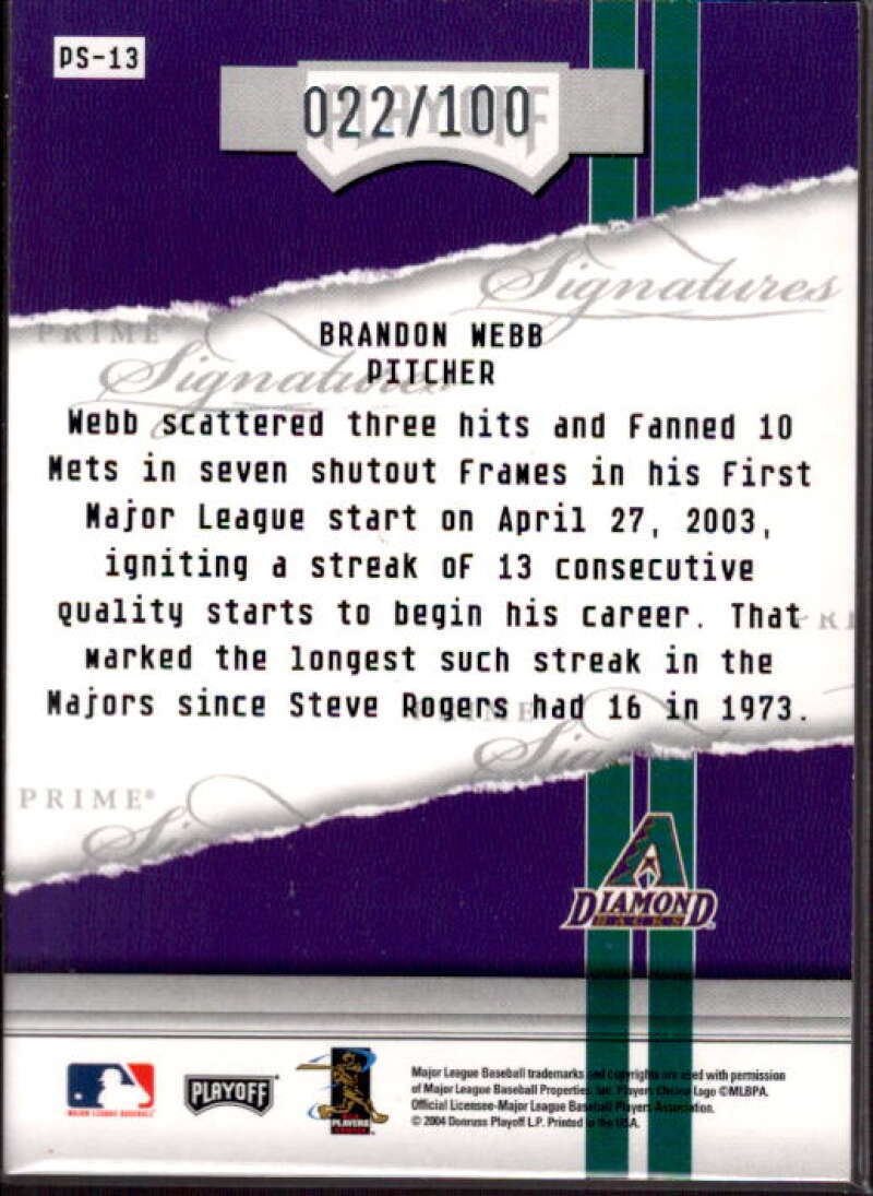 Brandon Webb Card 2004 Playoff Honors Prime Signature Autograph #13  Image 2