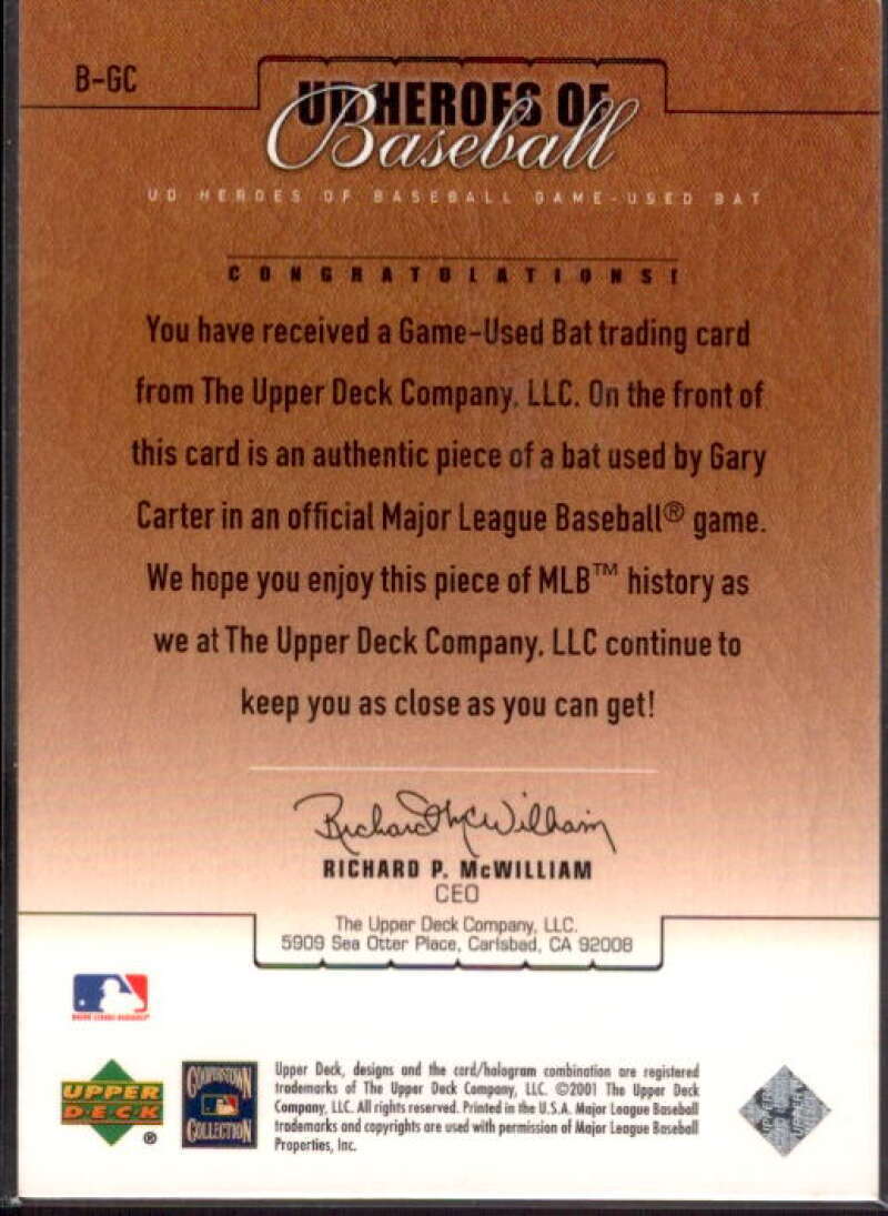 Gary Carter 2001 Upper Deck Prospect Premieres Heroes of Baseball Game Bat #BGC  Image 2