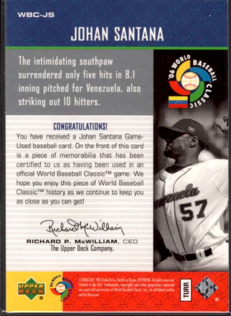 Johan Santana Card 2006 Upper Deck WBC Collection Jersey #JS  Image 2