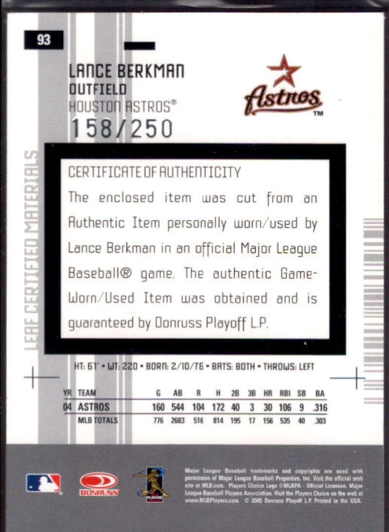 Lance Berkman Card 2005 Leaf Certified Materials Mirror Bat Red #93  Image 2